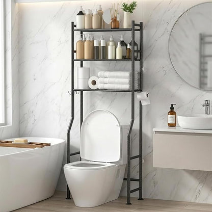 3-Tier Over Toilet Storage with Anti-Tilt Safety System - 150lb Total Capacity Metal Bathroom Shelves Including Paper Holder & 4 Hooks, Space Saving Above Commode Organizer (64" H, Snow Black)