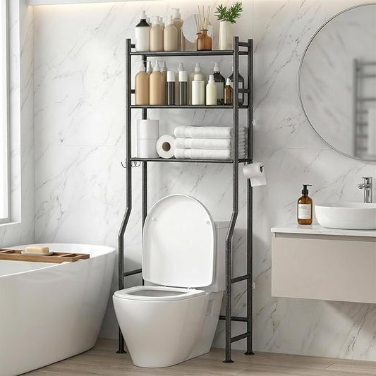 3-Tier Over Toilet Storage with Anti-Tilt Safety System - 150lb Total Capacity Metal Bathroom Shelves Including Paper Holder & 4 Hooks, Space Saving Above Commode Organizer (64" H, Snow Black)
