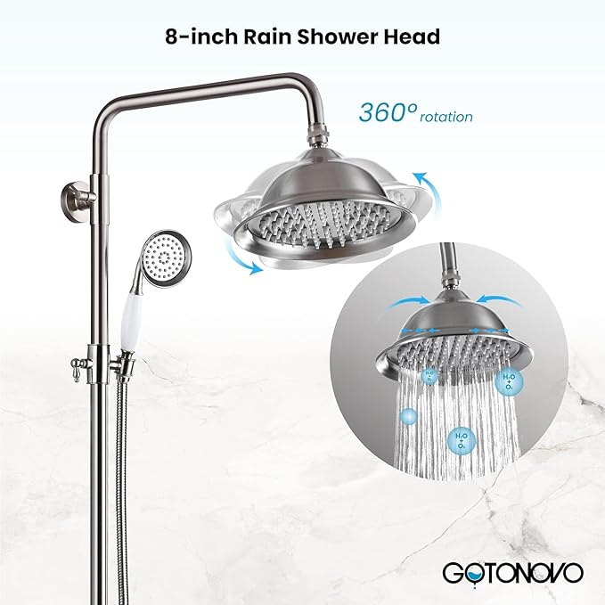 gotonovo Brushed Nickel Shower Faucet Set 8 Inch Rainfall Shower Head Bathroom Shower System Double Cross Handle and Handheld Spray Wall Mount Shower Fixture