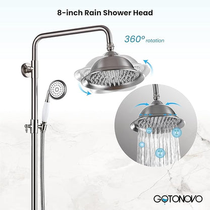 gotonovo Brushed Nickel Shower Faucet Set 8 Inch Rainfall Shower Head Bathroom Shower System Double Cross Handle and Handheld Spray Wall Mount Shower Fixture