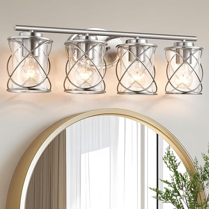 4-Lights Bathroom Vanity Lights, Bathroom Light Fixtures Over Mirror, Brushed Nickel Vanity Light, Farmhouse Wall Lights with Clear Glass Shade, Bathroom Wall Lamp for Mirror Kitchen Bedroom