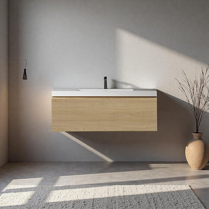 42'' Floating Bathroom Vanity with Sink, Wall-Mounted Bathroom Storage Cabinet with Soft-Close Striped Drawer & Solid Surface Basin, Modern Natural Oak Body with Internal Handle, Wood