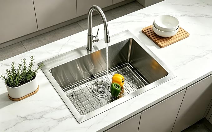 25 x 22 Inch Drop In Kitchen Sink, Topmount Stainless Steel Brushed Nickel Single Bowl Kitchen Sink, Extra-thick 16 Gauge For RV Laundry Utility with Dish Grid and Basket Strainer
