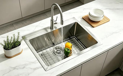 25 x 22 Inch Drop In Kitchen Sink, Topmount Stainless Steel Brushed Nickel Single Bowl Kitchen Sink, Extra-thick 16 Gauge For RV Laundry Utility with Dish Grid and Basket Strainer