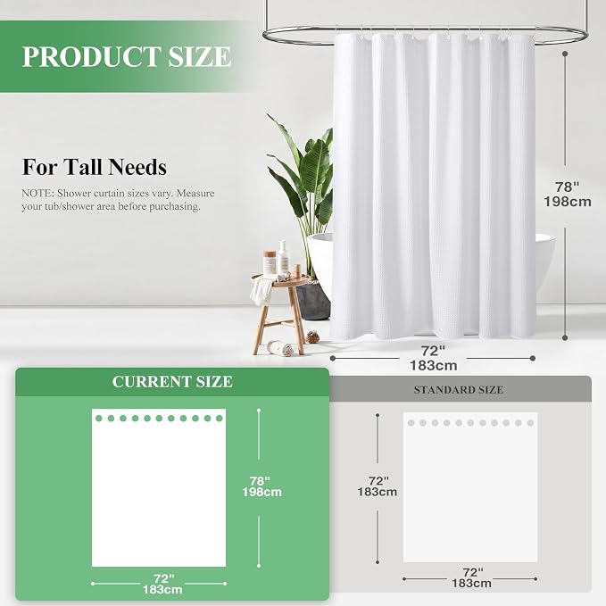 Long Waffle Shower Curtain 256 GSM Heavy Fabric 72x78 White | 78 Inch Long, Thick Cloth, Weighted Hem, Water Repellent, Tall Hotel Luxury Polyester Shower Curtains for Bathroom 12 Hooks