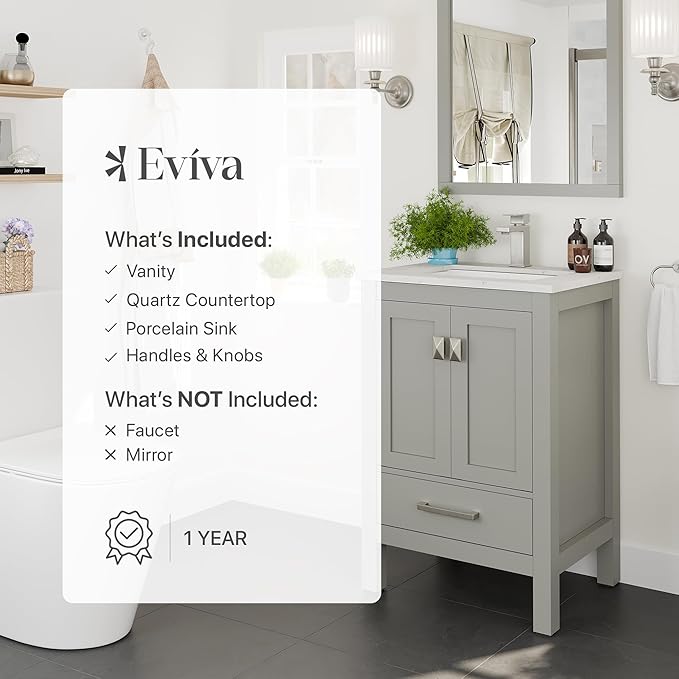 Eviva London 24 in. Gray Single Sink Bath Vanity with Carrara Quartz Top and Undermount Porcelain Sink