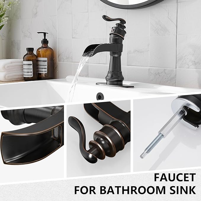 Bathroom Sink Faucet Waterfall Oil Rubbed Bronze Single Handle | Pop Up Drain with Overflow,Easy to Clean,Stable Installation,Gentle Water Flow Prevents Splashing,Elegant Minimalist Style