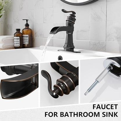 Bathroom Sink Faucet Waterfall Oil Rubbed Bronze Single Handle | Pop Up Drain with Overflow,Easy to Clean,Stable Installation,Gentle Water Flow Prevents Splashing,Elegant Minimalist Style