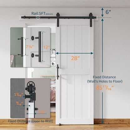 28''x84'' Sliding Barn Door with 5 Ft Barn Door Hardware Kit | Pre-Drilled Holes Easy Assembly - Include Installation Manual, Water-Proof PVC Surface, H-Frame, White
