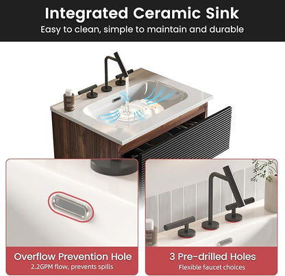 24" Floating Bathroom Vanity with Sink, Modern Wall Mounted Floating Vanity with Ceramic Sink, Double Soft-Close Drawers for Small Space, Apartment, Walnut+Black