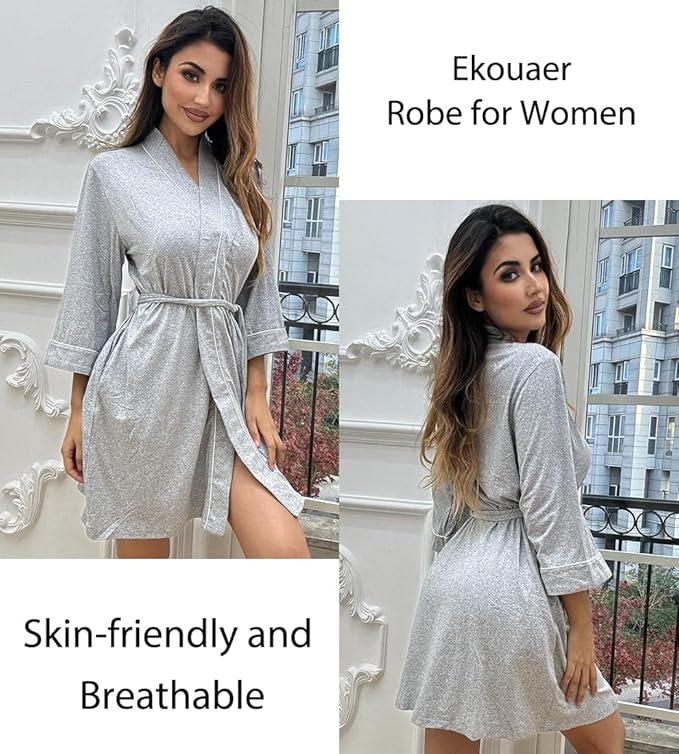 Ekouaer Women Kimono Robes Knee Length Knit Bathrobe Lightweight Soft Sleepwear V-neck Casual Ladies Loungewear