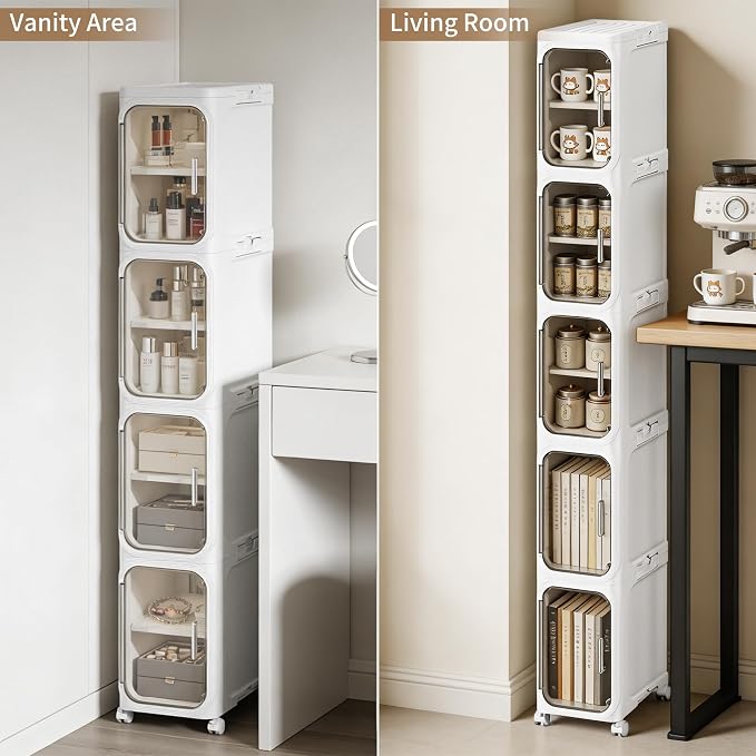 5-Tier Narrow Storage Cabinet Slim Bathroom Tall Skinny Organizer | Movable Slim Storage Cabinet with Lockable Rolling Wheels Adjustable Detachable Shelves Snap Assembly for Small Spaces,White