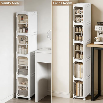 5-Tier Narrow Storage Cabinet Slim Bathroom Tall Skinny Organizer | Movable Slim Storage Cabinet with Lockable Rolling Wheels Adjustable Detachable Shelves Snap Assembly for Small Spaces,White