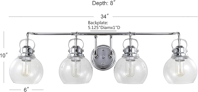 JONATHAN Y 34" Chrome Shirley 4-Light Bathroom Vanity Light, Metal Wall Sconce, Clear Seeded Glass Shade, Modern Transitional Farmhouse Fixture, LED Bulbs Included (JYL7406A)