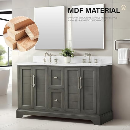 HOMEBEYOND 54 Inch Bathroom Vanity with Double Sink & Ceramic Top, Vanity Cabinet with Center Countertop Basin, Soft-Closing Doors, Backsplash,Sliver Grey