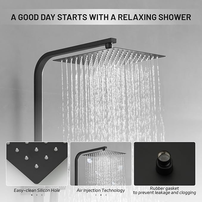 BWE Black Outdoor Shower Fixtures 10 Inch Rain Shower Head with Handheld Spray Dual Functions Exposed Shower System Wall Mount Outdoor Shower Kit for Bathroom or Backyard