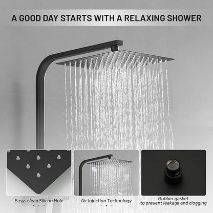 BWE Black Outdoor Shower Fixtures 10 Inch Rain Shower Head with Handheld Spray Dual Functions Exposed Shower System Wall Mount Outdoor Shower Kit for Bathroom or Backyard