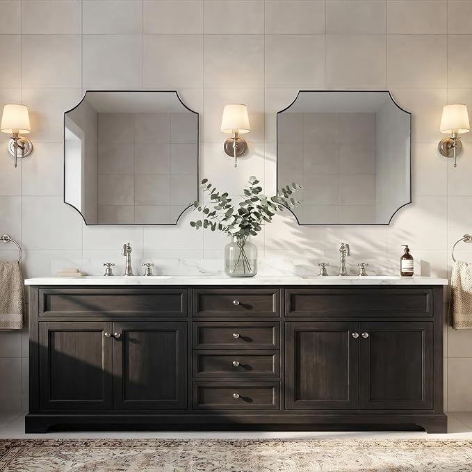 30"x30" Chrome Bathroom Mirror, Square Vanity Mirror, Scalloped Wall Mirror in Rustproof Stainless Steel Thin Frame, Aesthetic Scalloped Corner Design, Ideal for Bathroom Remodel