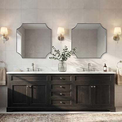 30"x30" Chrome Bathroom Mirror, Square Vanity Mirror, Scalloped Wall Mirror in Rustproof Stainless Steel Thin Frame, Aesthetic Scalloped Corner Design, Ideal for Bathroom Remodel