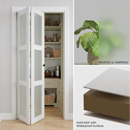 Bifold Doors for 60" x 80" Opening,3-lite Tempered Frosted Glass | Closet Folding Doors with Hardware kit Included, Easy Assembly for Pantry Closet, White,Water-Proof PVC Surface