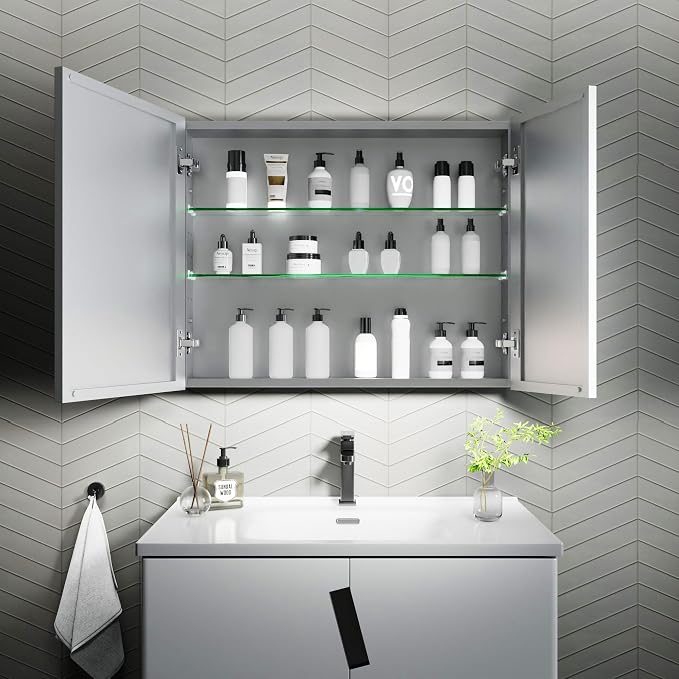 30x24 Inch Recessed Medicine Cabinet with Mirror, Aluminum Medicine Cabinet Mirror, Recessed or Surface Mount with 2 Adjustable Shelves Storage Organizer, Pre-Assembled Door, Soft-Closed System