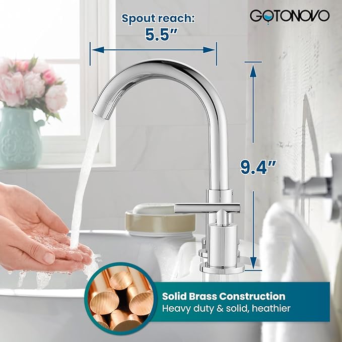gotonovo 3 Hole 2 Handles Lavatory Basin Bathroom Sink Faucet with Pop Up Drain with Hot and Cold Mixer Valves 8 Inch Widespread Bathroom Faucet Polish Chrome