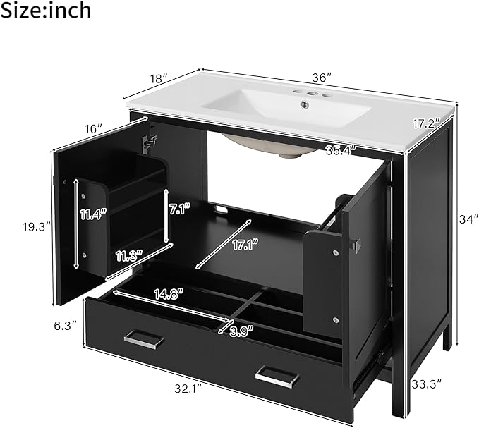 Favfurish 36" Black Bathroom Vanity with Ceramic Sink,Modern Bathroom Vanity Cabinet w/Soft Close Doors and Deep Drawer,Stylish Bath Storage Solution w/Divided Drawer,Easy Assembly,Black