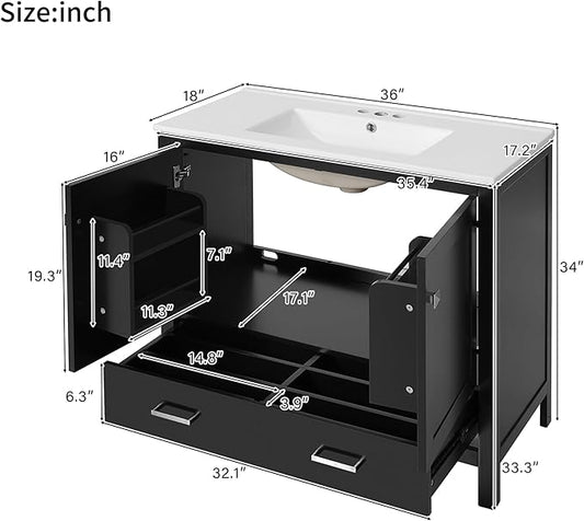 Favfurish 36" Black Bathroom Vanity with Ceramic Sink,Modern Bathroom Vanity Cabinet w/Soft Close Doors and Deep Drawer,Stylish Bath Storage Solution w/Divided Drawer,Easy Assembly,Black