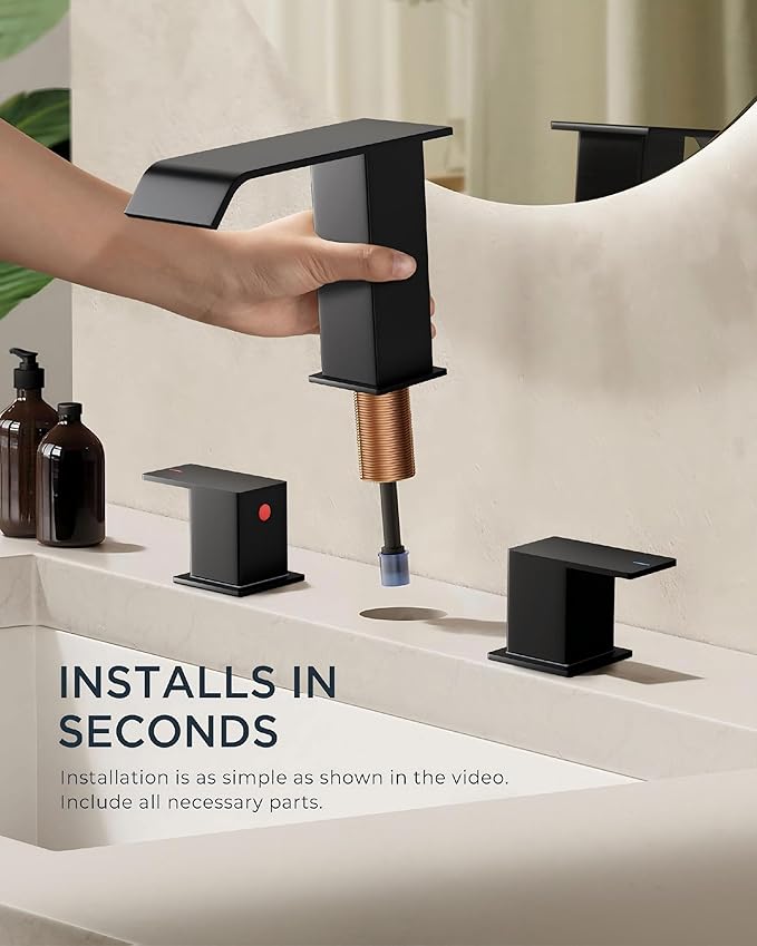 FORIOUS Bathroom Faucets 3 Hole,Matte Black 8 Inch Widespread Bathroom Sink Faucet Waterfall Spout, with Pop Up Drain and Water Supply, Suitable for Vanity Rv Commercial Lavatory Restroom