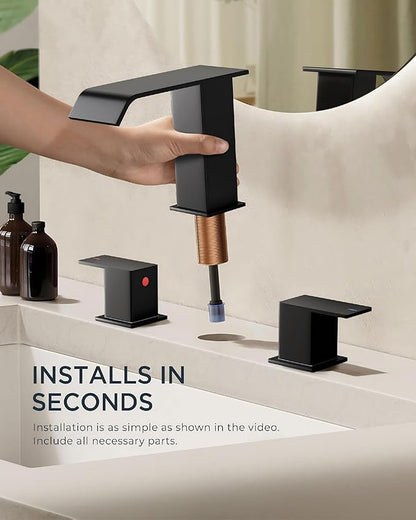 FORIOUS Bathroom Faucets 3 Hole,Matte Black 8 Inch Widespread Bathroom Sink Faucet Waterfall Spout, with Pop Up Drain and Water Supply, Suitable for Vanity Rv Commercial Lavatory Restroom