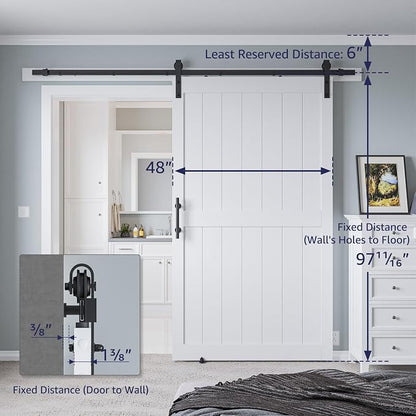 48in x 96in MDF Sliding Barn Door with 8ft Barn Door Hardware Kit & Handle | White Solid Barn Door Slab Covered with Water-Proof PVC Surface, Pre-Drilled Holes Easy Assembly, H-Frame