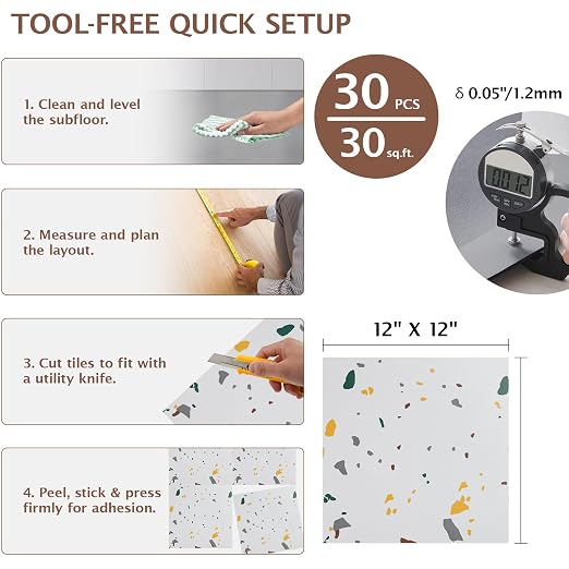 Peel and Stick Floor Tile, 30 PCS 12" x 12" Waterproof Marble Texture Luxury Vinyl Tiles, Easy DIY Self Adhesive Vinyl Flooring for Bathroom, Kitchen, Living Room, Modern Terrazzo