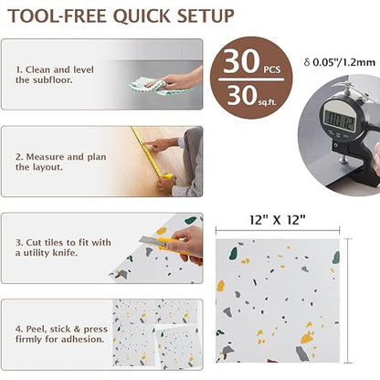 Peel and Stick Floor Tile, 30 PCS 12" x 12" Waterproof Marble Texture Luxury Vinyl Tiles, Easy DIY Self Adhesive Vinyl Flooring for Bathroom, Kitchen, Living Room, Modern Terrazzo