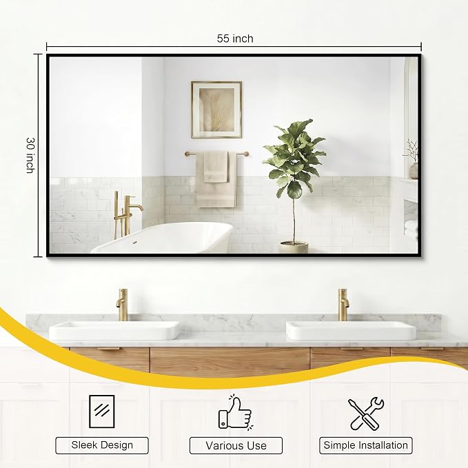 Bathroom Mirror for Wall, 55"x30" Black Vanity Mirror | Sturdy Rectangular Metal Frame, HD Tempered Glass, Hangs Horizontally or Vertically in Bedroom, Living Room, Entryway