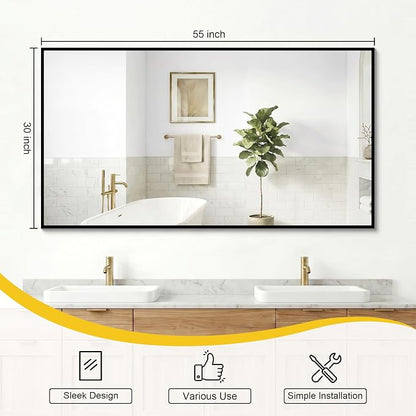 Bathroom Mirror for Wall, 55"x30" Black Vanity Mirror | Sturdy Rectangular Metal Frame, HD Tempered Glass, Hangs Horizontally or Vertically in Bedroom, Living Room, Entryway