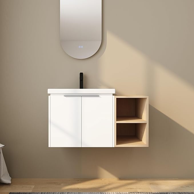 36 Inch Bathroom Vanity with Sink Combo,Wall-Mounted Bathroom Vanity with Soft Close Doors&2 Side Shelf,Modern Floating Bathroom Vanity with Top Basin & Storage Cabinet,White