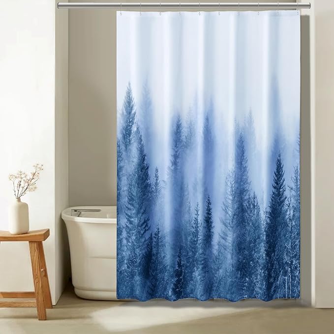 ORTIGIA 60x72 Misty Forest Stall Shower Curtain for Small Bathroom, Blue Narrow Nature Woodland Shower Curtain Set with Hooks, Waterproof Fabric Pine Tree Fog Magic Home Bath Curtain