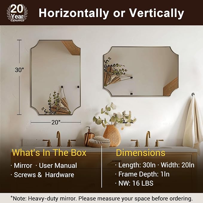 20"x30" Gold Scalloped Mirror, Mirrors for Bathroom, Champagne Bronze Vanity Mirror with Scalloped Corners Design, Rustproof Stainless Steel Thin Frame, Ideal for Narrow Bathroom Remodel