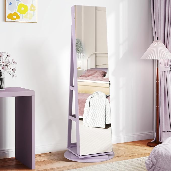 CHARMAID 360° Swivel Jewelry Armoire with Full Length Mirror, Rear Storage Shelves, Lockable Standing Jewelry Cabinet Organizer with Interior Vanity Mirror and 3-Color Lights (Lavender)