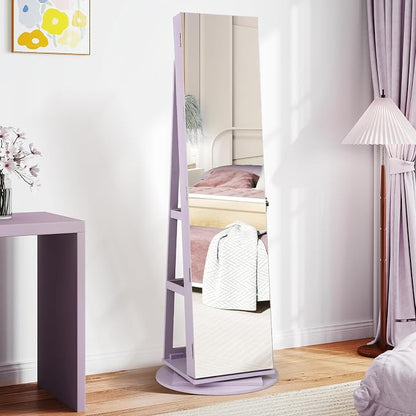 CHARMAID 360° Swivel Jewelry Armoire with Full Length Mirror, Rear Storage Shelves, Lockable Standing Jewelry Cabinet Organizer with Interior Vanity Mirror and 3-Color Lights (Lavender)