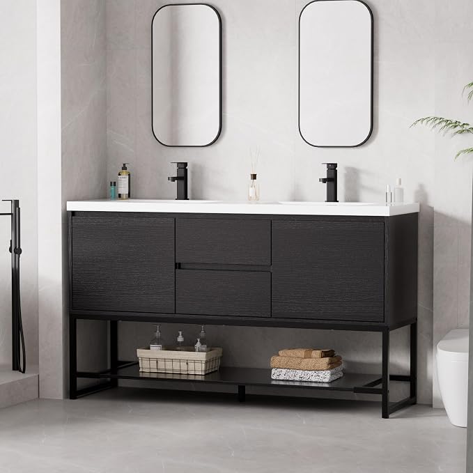 LUCKWIND 60" Modern Bathroom Vanity with Dual White Sink Combo, Freestanding Storage Cabinet with Metal Frame, Matte Black Faucet and Open Shelf and 2 Soft-Closing Door, Black