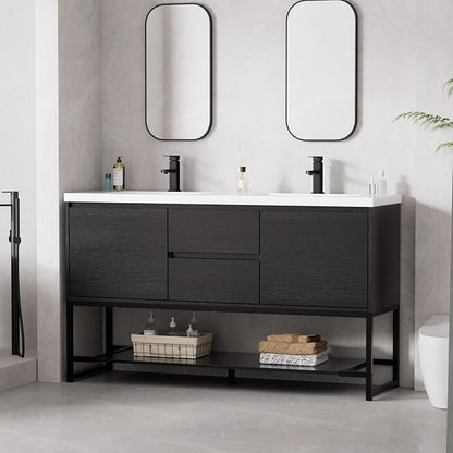 LUCKWIND 60" Modern Bathroom Vanity with Dual White Sink Combo, Freestanding Storage Cabinet with Metal Frame, Matte Black Faucet and Open Shelf and 2 Soft-Closing Door, Black