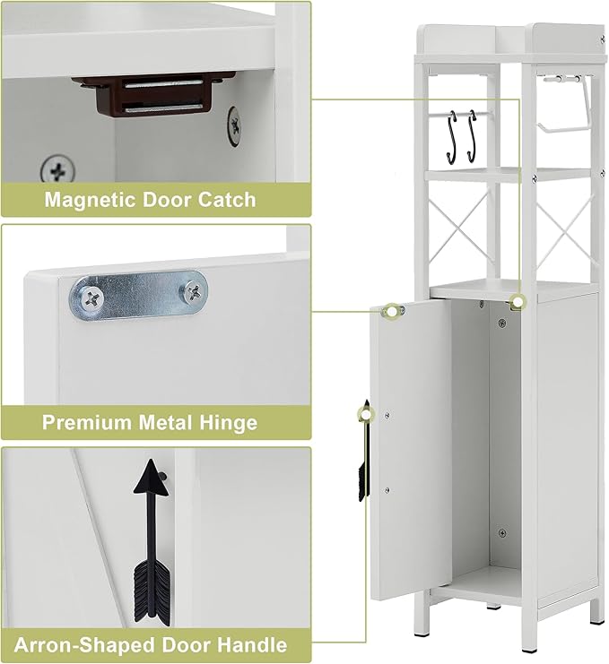VECELO Small Bathroom Cabinet,Slim Toilet Paper Holder with Door & 2 Shelves,Narrow Storage Organizers Fenced Top Waterproof Coating for Restroom Bathroom in Tiny Space,White