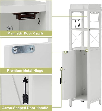 VECELO Small Bathroom Cabinet,Slim Toilet Paper Holder with Door & 2 Shelves,Narrow Storage Organizers Fenced Top Waterproof Coating for Restroom Bathroom in Tiny Space,White