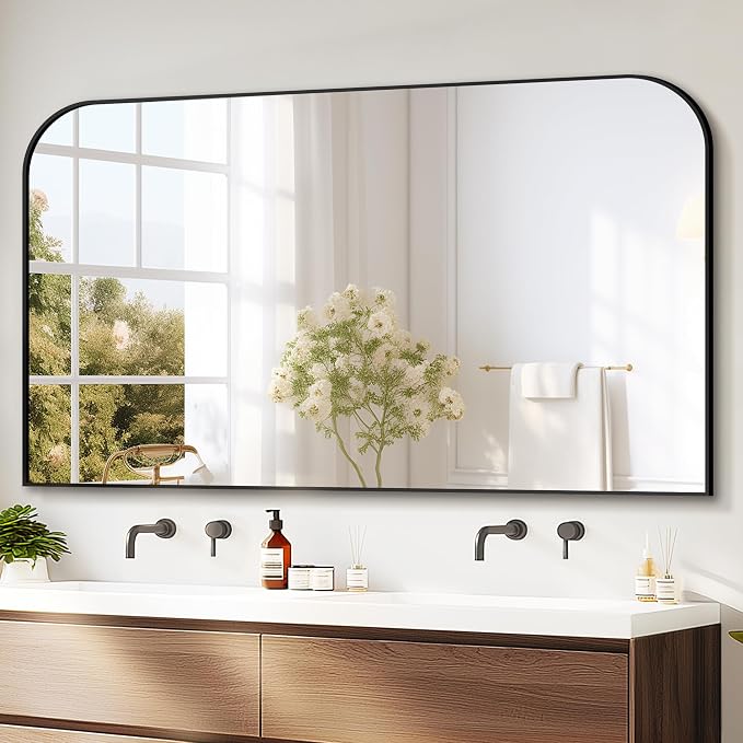 30"x50" Black Metal Framed Bathroom Mirror for Over Sink | Rounded rectangle shape. Shatterproof HD glass, all mounting hardware for bathroom, bedroom, entryway.