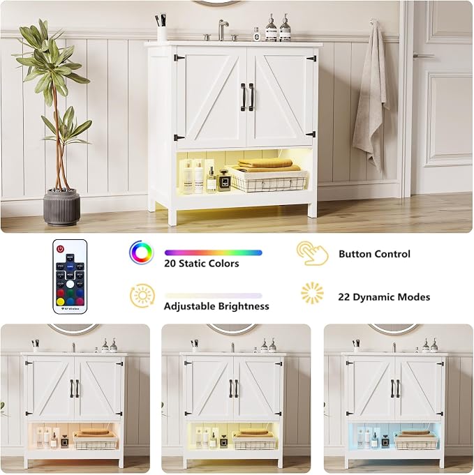 30 Inch Bathroom Vanity with Sink, Pedestal Sink Storage Cabinet with 2 Doors & LED Light, Mid-Century Modern Bathroom Vanity with Open Bottom Shelf, White
