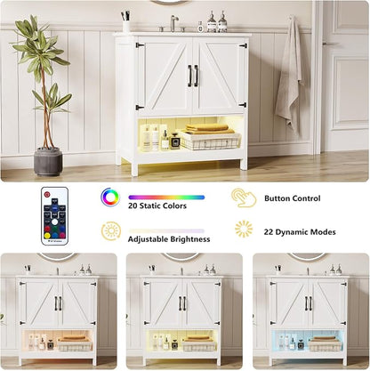 30 Inch Bathroom Vanity with Sink, Pedestal Sink Storage Cabinet with 2 Doors & LED Light, Mid-Century Modern Bathroom Vanity with Open Bottom Shelf, White