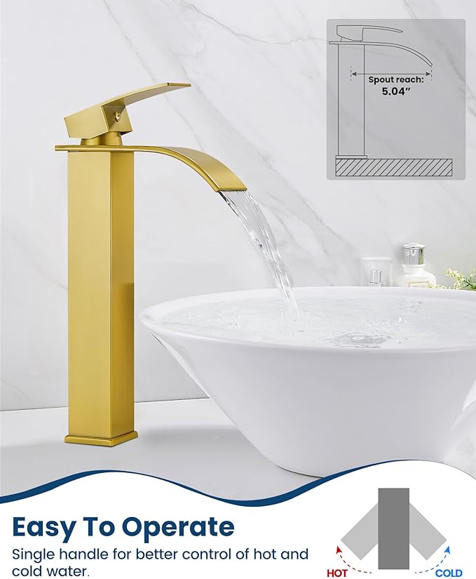 Airuida Brushed Gold Tall Waterfall Bathroom Vessel Sink Faucet Modern Bathroom Vanity Faucet Single Handle Single Hole Farmhouse Bar Mixer Tap Washbasin Faucet Deck Mount