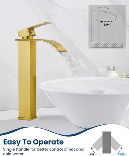Airuida Brushed Gold Tall Waterfall Bathroom Vessel Sink Faucet Modern Bathroom Vanity Faucet Single Handle Single Hole Farmhouse Bar Mixer Tap Washbasin Faucet Deck Mount