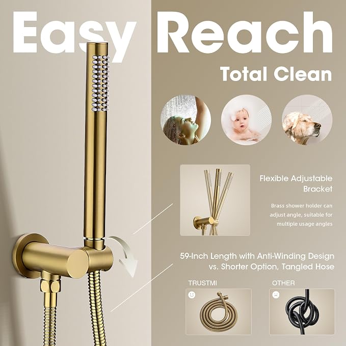 TRUSTMI 12" Pressure Balance Rain Shower System with Handheld, Brushed Gold | Rain shower faucet with cUPC valve and handheld spray. Prevents scalding, ideal for safe modern bathroom upgrades